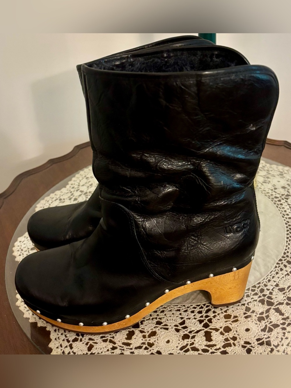 UGG, Black Fur Lined Clog Boots with Wood Heel, size 10